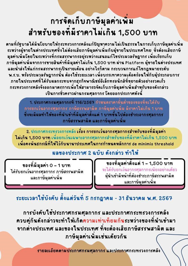 การยกเว้นอากรศุลกากรสำหรับของที่มีมูลค่าไม่เกิน 1,500 บาท