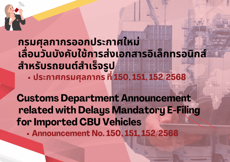 Customs Department Announcement No. 150, 151, 152/2568 related with Delays Mandatory E-Filing for Imported CBU Vehicles